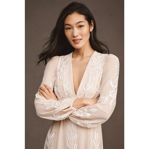 New Anthropologie BHLDN Belize Embroidered A-Line Long-Sleeve V-Neck Gown Sz 12 - Picture 3 of 10